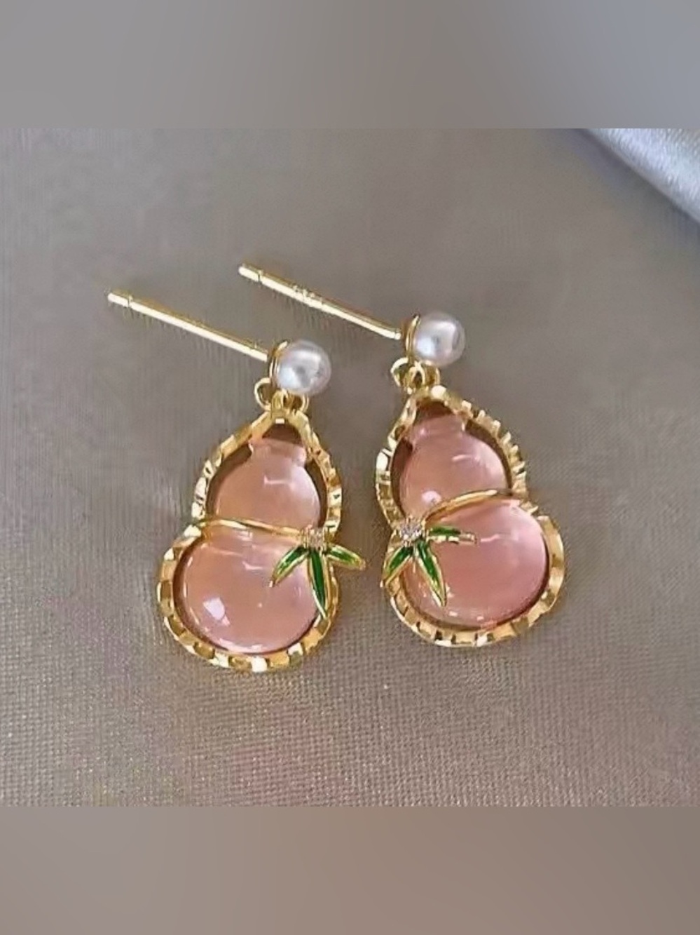 Gold-Tone Pink Glass Gourd Drop Earrings with Pearl Post